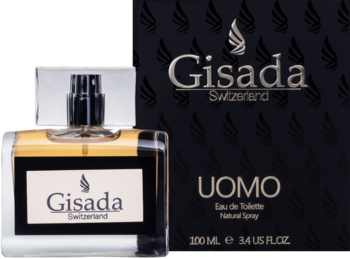 Woda toaletowa Gisada Uomo 100 ml, szklana butelka z bursztynowym płynem i czarne opakowanie, widok z przodu.