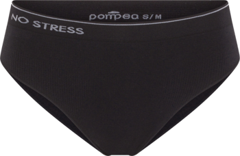 Czarne, bezszwowe majtki Pompea S/M z bawełny, widok z przodu. Na gumce napis 'NO STRESS' i 'pompea S/M'.
