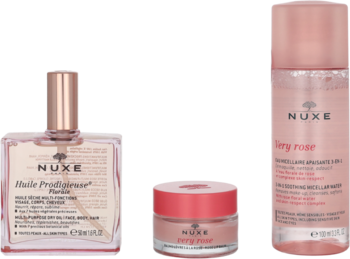 NUXE Pink Fever ,zestaw kosmetyków dla kobiet, suchy olejek 50ml + micelarna woda różana 100ml + balsam do ust 15ml,kompozycja-1