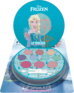 Otwarta okrągła paleta do makijażu Lip Smacker Frozen z Elsą, 7 cieniami, 3 różami i aplikatorem.