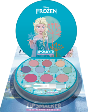 Otwarta, okrągła paleta do makijażu Lip Smacker Frozen. Elsa na wieku, 7 pastelowych cieni, 3 róże i aplikator.