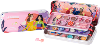 Disney Princess Lip Smacker makeup set: open white metal case with 16 lip glosses, 8 glitter eyeshadows, and princesses.