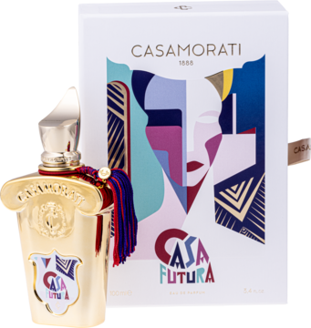 Woda perfumowana Casamorati Casa Futura, złota butelka z chwostem, obok białe pudełko z abstrakcją.