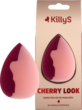 KillyS gąbeczka do makijażu Cherry Look, dwukolorowa, wiśniowo-różowa w kształcie łezki, obok beżowego opakowania.