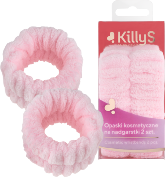 Dwie luźne, puszyste, różowe opaski chłonne KillyS na nadgarstki do mycia twarzy obok opakowania. Widok z przodu.