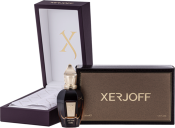 Perfumy Xerjoff Fars unisex, ciemna butelka ze złotym korkiem, obok otwarte luksusowe pudełko z logo X.