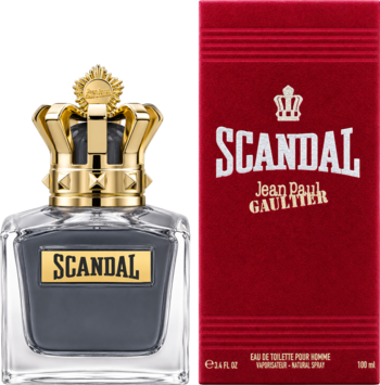 Scandal Jean Paul Gaultier męska woda toaletowa. Flakon z ciemnym płynem i złotą koroną oraz czerwone pudełko, widok z przodu.