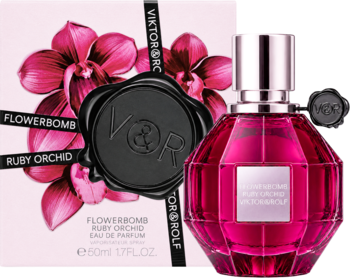Viktor&Rolf Flowerbomb Ruby Orchid, rubinowy flakon 50ml i różowe pudełko z orchideami.