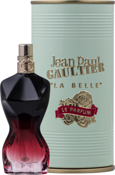 Jean Paul Gaultier La Belle Le Parfum: butelka w kształcie torsu, bordo-czarna, obok miętowego opakowania z napisami.