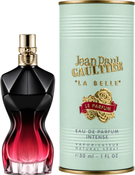 Jean Paul Gaultier La Belle Le Parfum: butelka-tors 30 ml obok zielonej puszki z napisem. Widok z przodu.