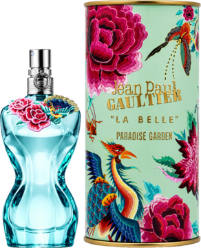 Jean Paul Gaultier La Belle Paradise Garden EDP: kobieca butelka i miętowe pudełko z bujnymi kwiatowymi i ptasimi wzorami.