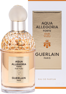 Woda perfumowana Guerlain Aqua Allegoria Forte Oud Yuzu, bursztynowa butelka z nakrętką w plaster miodu i białe pudełko.