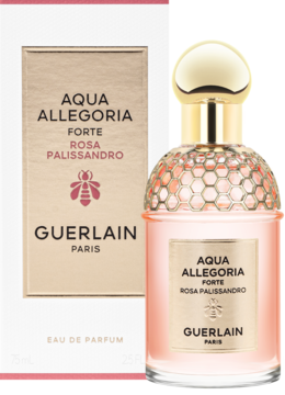 Guerlain Aqua Allegoria Forte Rosa Palissandro, woda perfumowana: różowa butelka z miodową siateczką i beżowe pudełko.