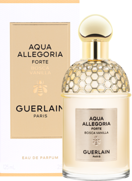 Damska woda perfumowana Guerlain Aqua Allegoria Forte Bosca Vanilla w złocistej butelce z pszczołą i beżowym pudełku.