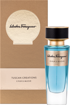 Salvatore Ferragamo Tuscan Creations E Pur Si Muove, błękitna butelka i beżowe pudełko, widok z przodu.