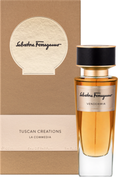 Woda perfumowana Salvatore Ferragamo Tuscan Creations La Commedia, bursztynowa butelka i beżowe pudełko, widok z przodu.