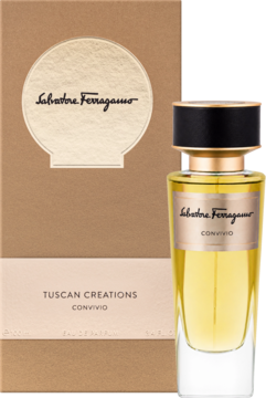 Salvatore Ferragamo Tuscan Creations Convivio EDP unisex, przezroczysta butelka z żółtym płynem i złote pudełko na czarnym tle.