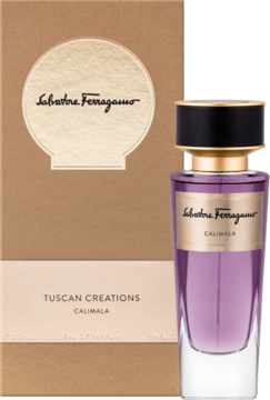 Salvatore Ferragamo Tuscan Creations Calimala, fioletowa butelka EDP z złotym detalem, obok beżowe pudełko.