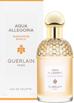 Guerlain Aqua Allegoria Mandarine Basilic EDT, cytrusowa woda, butelka i białe pudełko z pomarańczem, logo pszczoły.