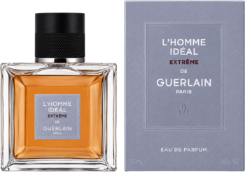Guerlain L'Homme Ideal Extreme, woda perfumowana. Bursztynowy flakon z czarną nakrętką, obok szare pudełko. Widok z przodu.