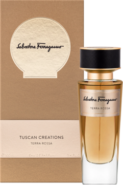 Tuscan Creations Terra Rossa EDP unisex w złotej butelce z czarną nakrętką i beżowym pudełkiem, widok z przodu.
