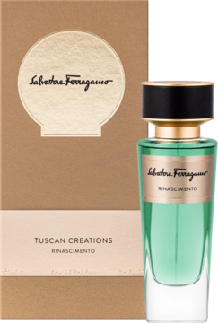 Salvatore Ferragamo Tuscan Creations Rinascimento woda perfumowana: zielona butelka z czarnym korkiem i brązowe pudełko.
