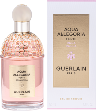 Guerlain Aqua Allegoria Forte Rosa Rossa: różowy flakon z miodową koroną i eleganckie opakowanie, widok z przodu.