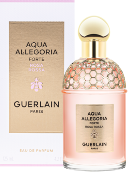 Woda perfumowana Guerlain Aqua Allegoria Forte Rosa Rossa dla kobiet, butelka i złote pudełko pod kątem.