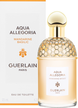 Guerlain Aqua Allegoria Mandarine Basilic EDT, butelka z pomarańczowym płynem obok białego pudełka, złota nakrętka, cytrusowy zapach.