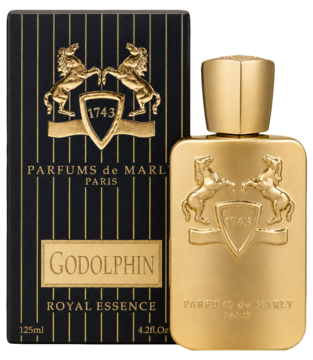 Złota butelka perfum męskich Parfums de Marly Godolphin Royal Essence z herbem, obok czarno-złote opakowanie.