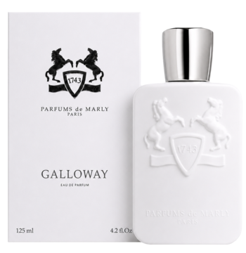 Parfums de Marly Galloway, biała butelka z herbem i pudełkiem, widok z przodu. Nuty cytrusów, pieprzu, piżma.