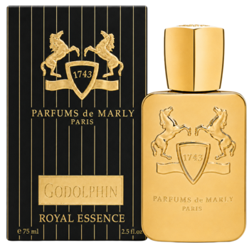 Złota butelka perfum Parfums de Marly Godolphin Royal Essence, czarne pudełko. Męski skórzany zapach.