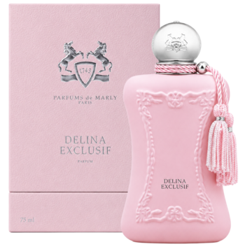 Woda perfumowana Delina Exclusif w różowej butelce z tłoczeniami i pudełku Parfums de Marly, widok z przodu.
