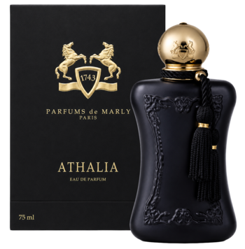 Parfums de Marly Athalia EDP, czarna butelka z reliefami, złotym korkiem i chwostem, obok pudełko. Zapach kwiatowo-drzewno-piżmowy.
