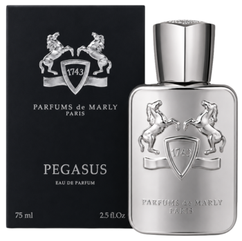 Męska woda perfumowana Parfums De Marly Pegasus 75ml w srebrnej butelce z herbem i czarnym pudełkiem.