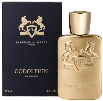 Złota butelka perfum Godolphin Parfums de Marly z emblemem i granatowe pudełko, widok z przodu, męski zapach skórzany.
