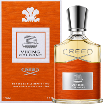 Creed Viking Cologne męskie perfumy. Pomarańczowe pudełko z herbem i elegancka butelka 100ml, pomarańczowe dno, srebrna nakrętka.