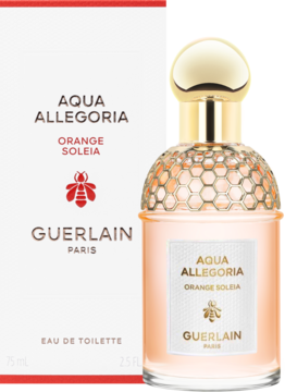 Guerlain Aqua Allegoria Orange Soleia EDT, butelka z plastrem miodu i pomarańczowym płynem, obok białego pudełka.