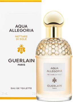 Guerlain Aqua Allegoria Nettare Di Sole EDT, butelka z płynem o miodowym odcieniu, ze złotym korkiem, obok opakowania z pszczołą.