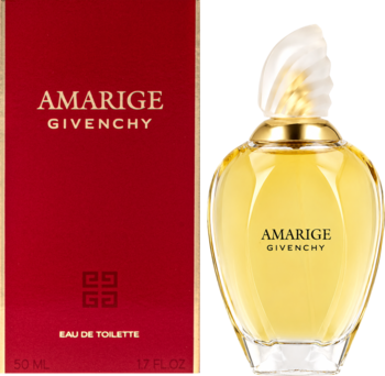 Givenchy Amariage damska woda toaletowa 50ml. Czerwone pudełko i złota butelka z ozdobnym korkiem, widok z przodu.