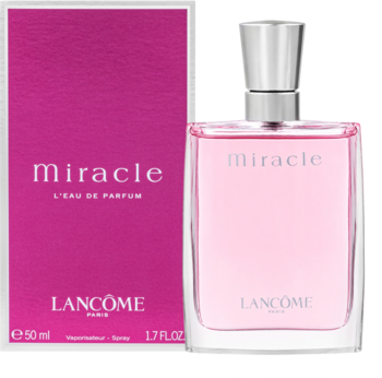 Lancôme Miracle EDP 50ml, damska woda perfumowana, różowy flakon i pudełko obok siebie na ciemnym tle.