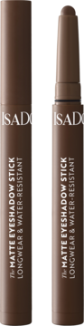 Dwa matowe cienie do powiek IsaDora True Brown, jeden zamknięty, drugi z odsłoniętą końcówką.