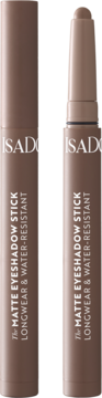 IsaDora The Matte Eyeshadow Stick Cool Taupe. Dwa matowe cienie w kredce: jeden otwarty, drugi zamknięty, stojące pionowo.