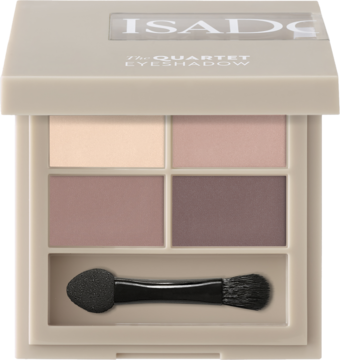 Paleta cieni IsaDora Muddy Nudes 01 z czterema matowymi i błyszczącymi odcieniami oraz aplikatorem. Widok otwartej paletki.