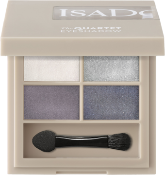 Paleta cieni IsaDora nr 12 Crystal Mauve, otwarta, z czterema kolorami (biel, srebro, fiolet, szarość) i aplikatorem.