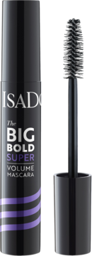 IsaDora Big Bold Super Volume Mascara, czarna tuba z fioletowymi pasami, obok otwarta szczoteczka.