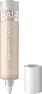 IsaDora The Wake Up The Glow Fluid Serum Foundation SPF 30 w beżowej butelce z widoczną pompką i zdjętą nakrętką.