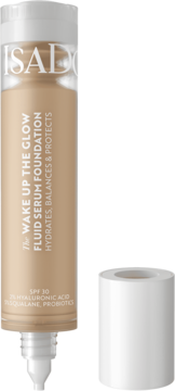 IsaDora Wake Up The Glow Fluid Serum Foundation SPF 30, beżowy, w butelce z pompką obok białej zakrętki, widok przodem.