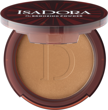 Bronzer IsaDora w otwartym bordowym kompakcie, widok z góry, z brązowym pudrem z wytłoczoną literą D.
