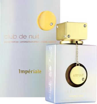 Armaf Club de Nuit Imperiale, damska woda perfumowana. Irydescentna butelka ze złotym korkiem i medalionem, obok pudełko.
